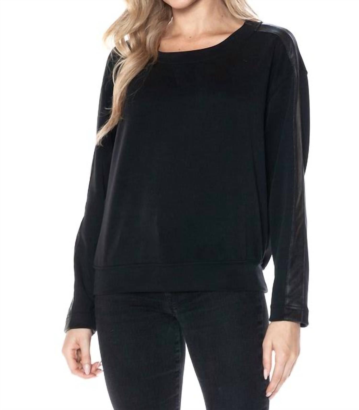 ariella Crewneck With Pleather Sleeves Top in black - women's long sleeve top