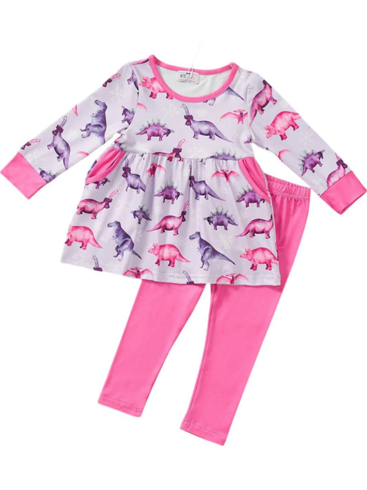 Pete + Lucy - Girl's Snowy Dinos 2 Piece Outfit