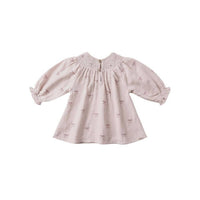 Quincy Mae Girls Long Sleeve V Smocked Dress in lilac bows - kids' dress - detail view