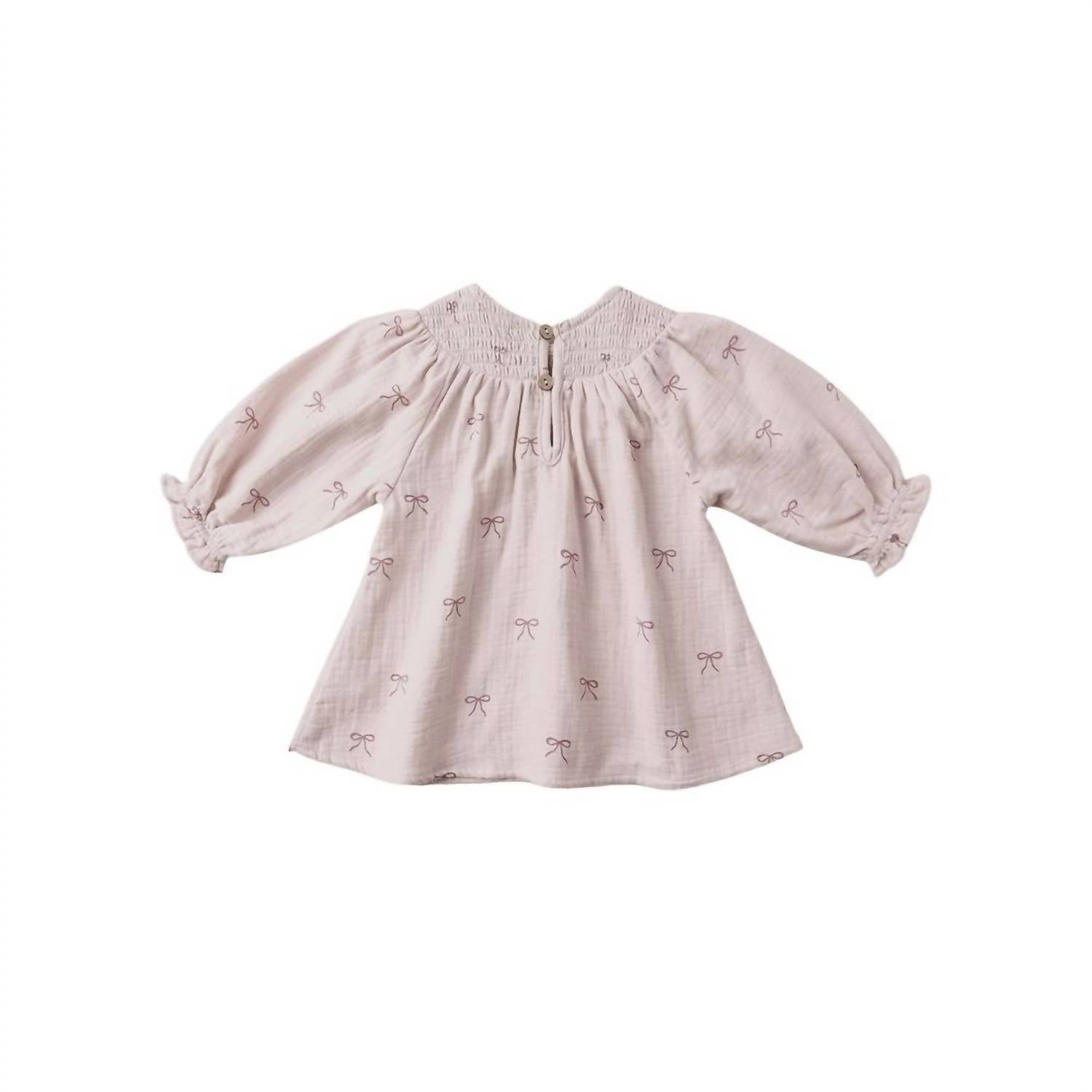 Quincy Mae Girls Long Sleeve V Smocked Dress in lilac bows - kids' dress - detail view
