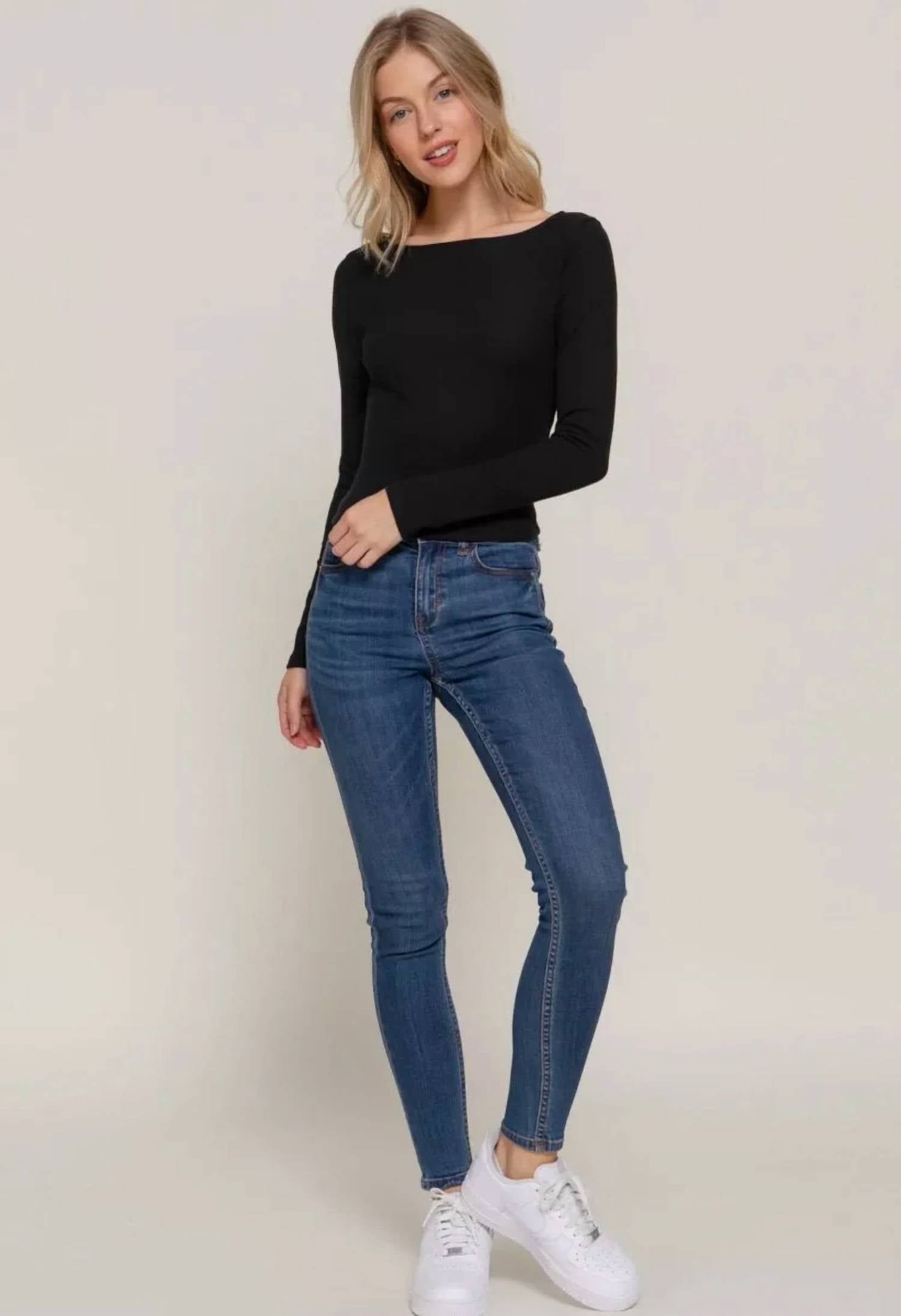 Active Basic - Long Sleeve Fitted Boat Ribbed Knit Top