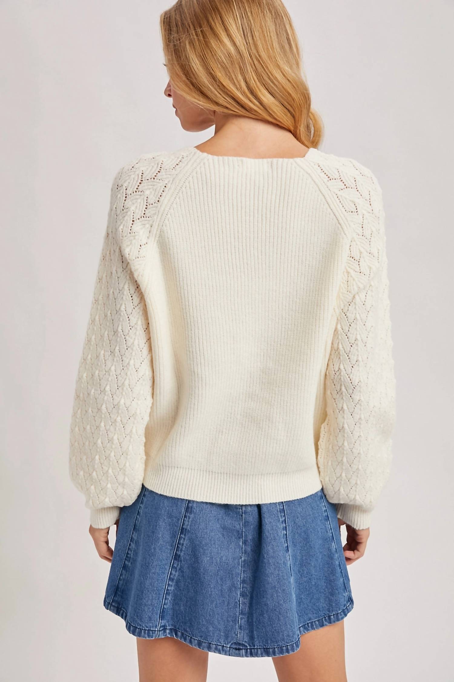 BluIvy V-Neck Ribbed Knit Sweater in white - women's sweater - detail view
