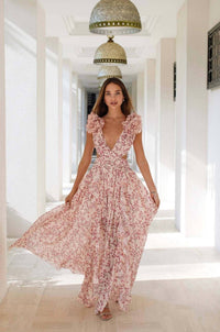 Lily Clothing - Cut Out Deep V Ruffled Floral Backless Dress