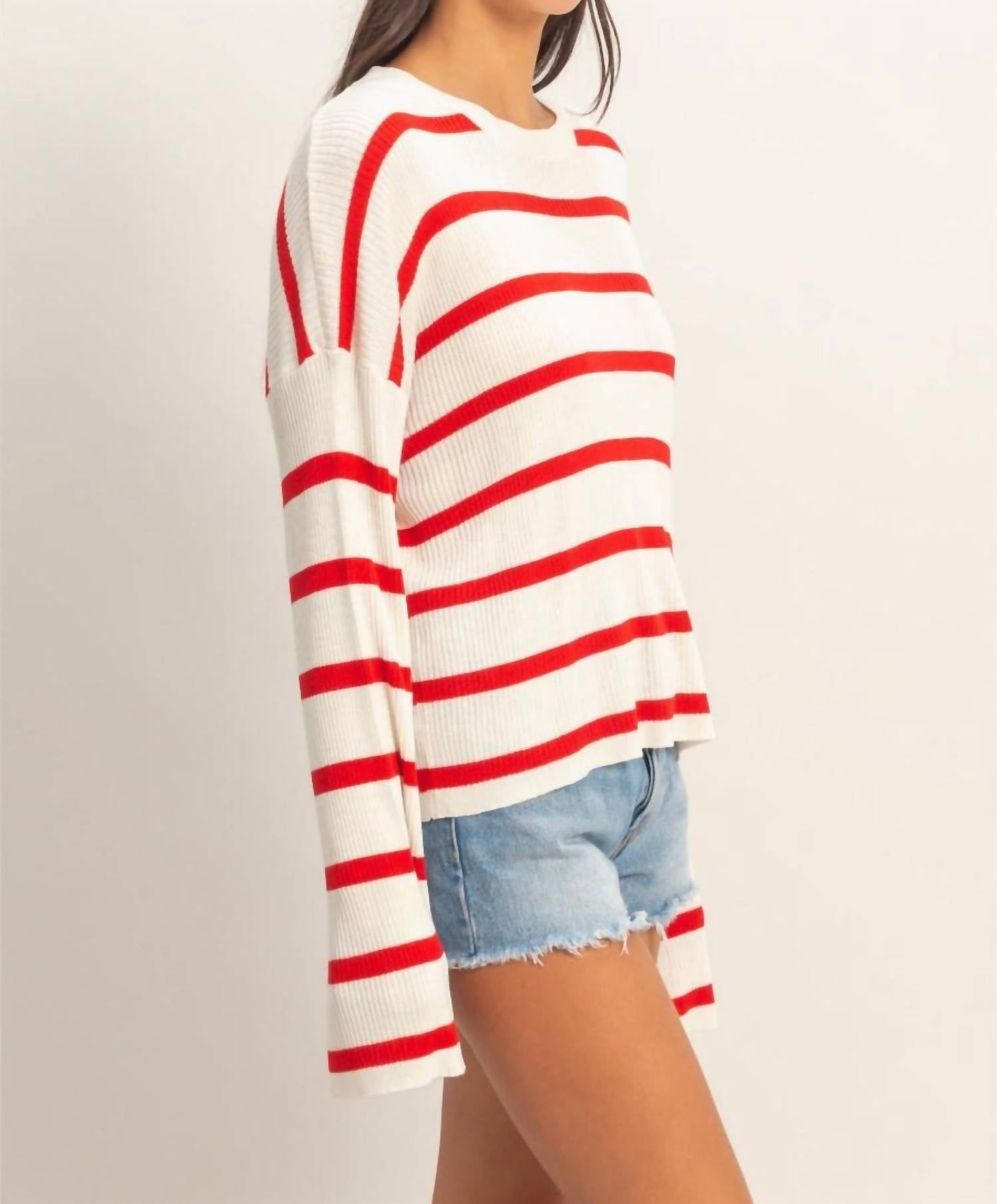 Double Zero Wide Sleeve Striped Sweater in red - women's sweater - detail view