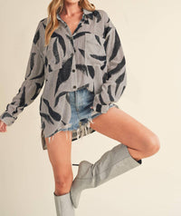 AEMI + CO Elodie Linen Printed Button Up Shirt in grey and black - women's shirt - alternate view