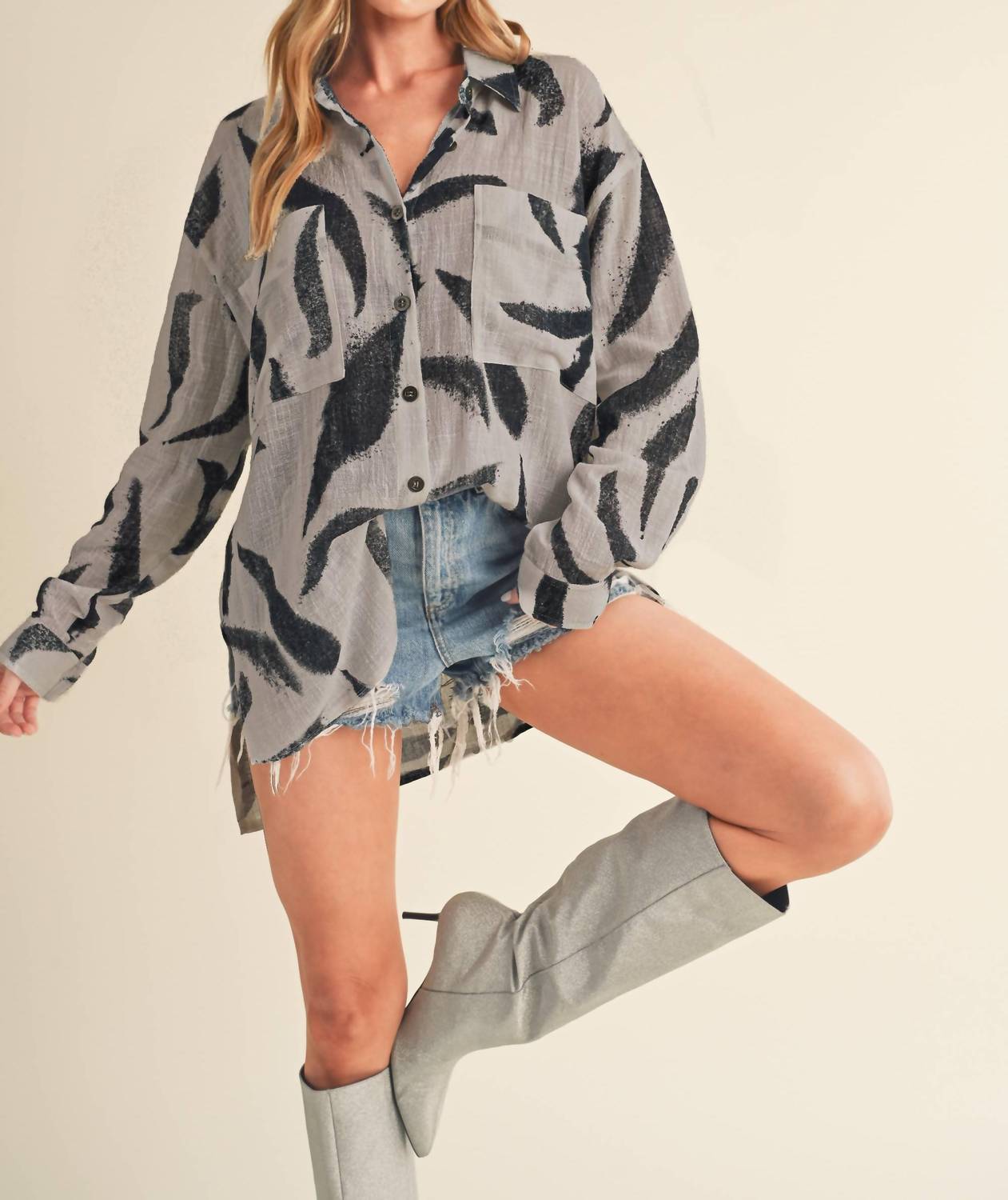 AEMI + CO Elodie Linen Printed Button Up Shirt in grey and black - women's shirt - alternate view