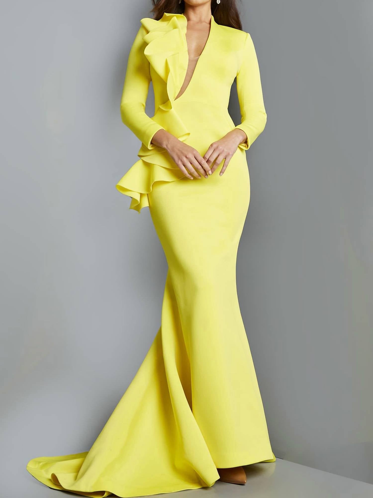 Jovani - Plunging Neckline Long Sleeve Dress