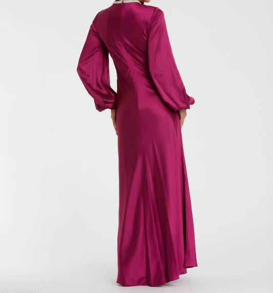 Mac Duggal - Beaded High Neck Bishop Sleeve Satin Gown