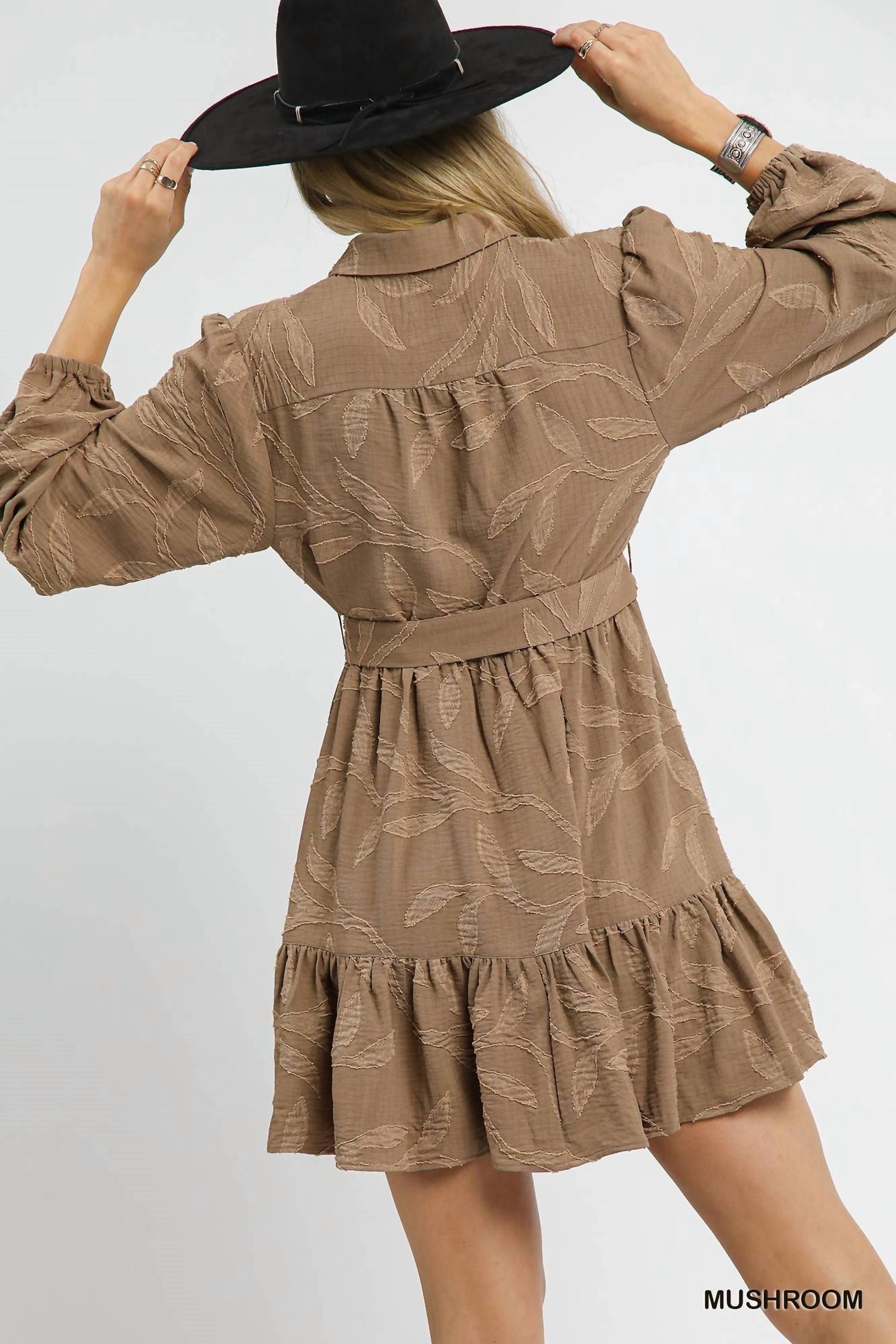 Umgee - Jacquard Tie Waist Shirt Dress
