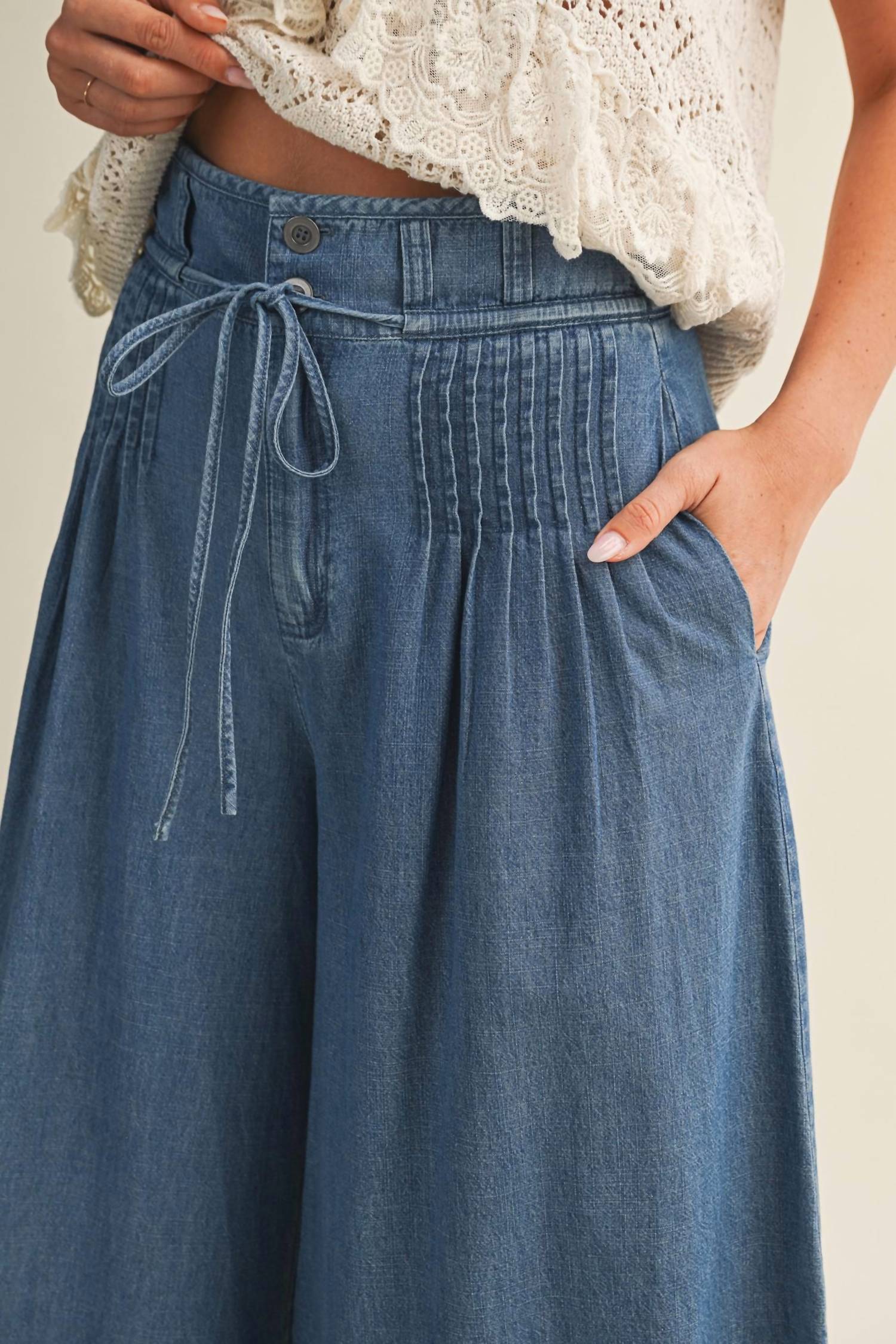 Mustard Seed - Pintuck Wide Leg Denim Pants