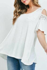 Hopely - Women's Lace Contrast Cutout Shoulder Loose Top