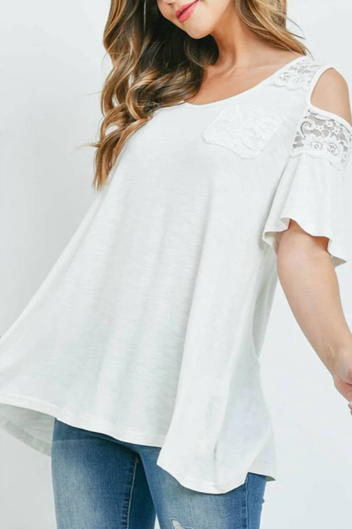 Hopely - Women's Lace Contrast Cutout Shoulder Loose Top