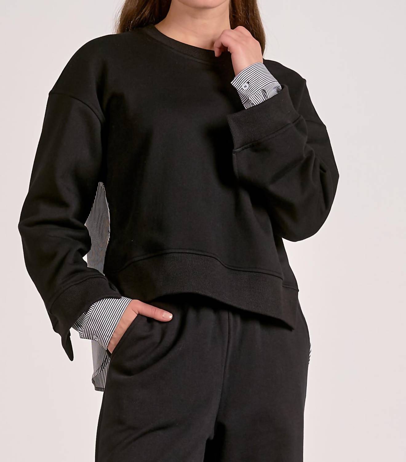 ELAN Layered Mixed Media Top in black blue stripe - women's long sleeve top