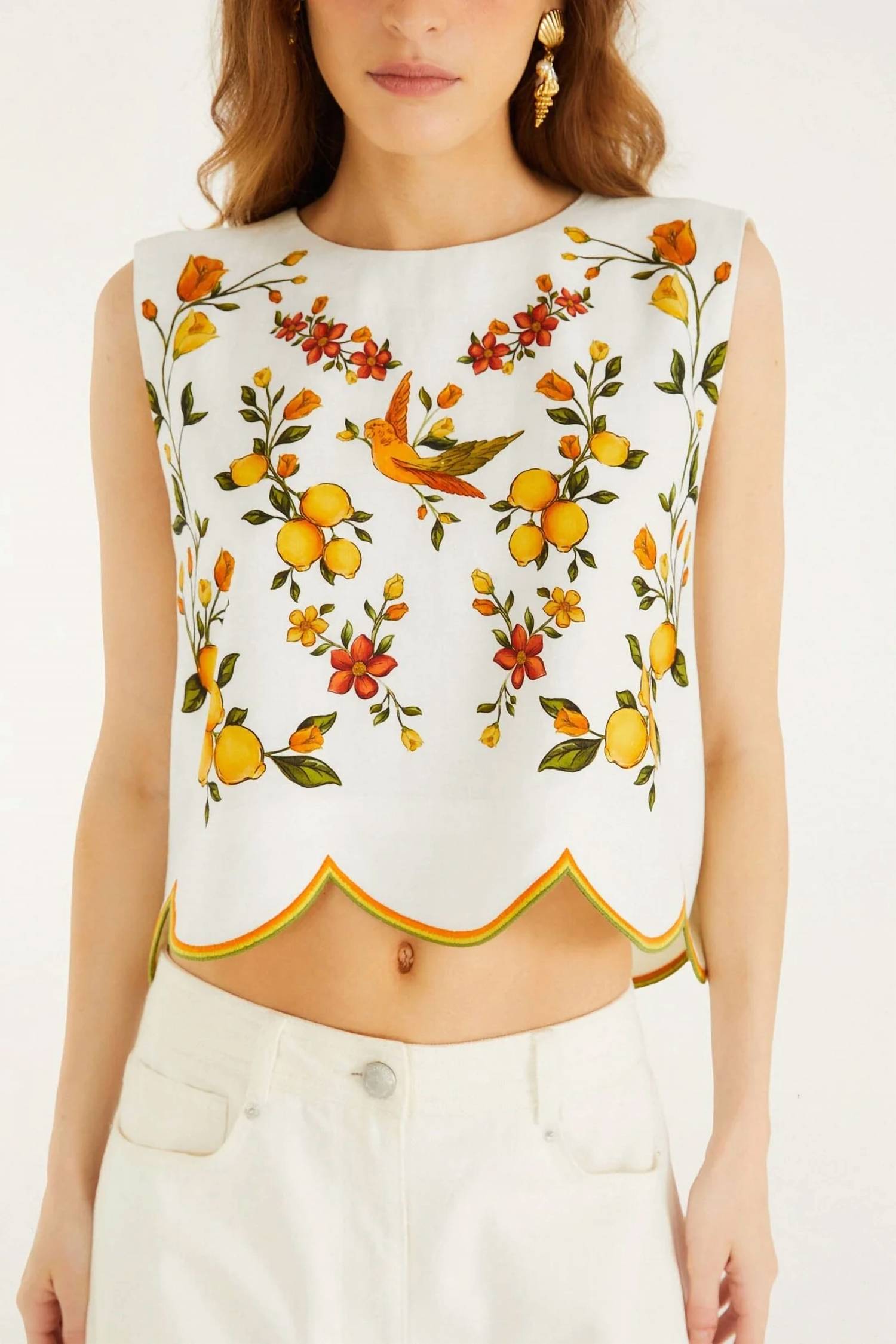 Farm Rio - Lemon Bouquet Wavy Hem Sleeveless Blouse