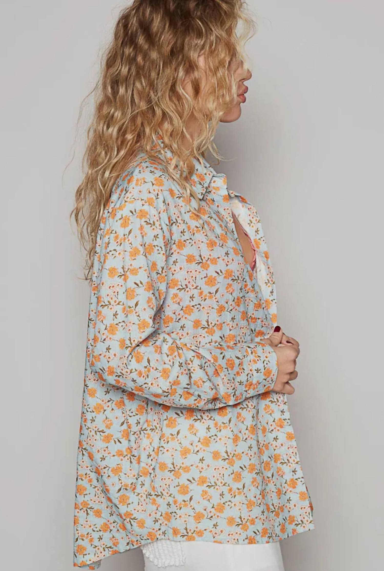 POL Long Sleeve Floral Button-up Top in powder blue - women's shirt - alternate view