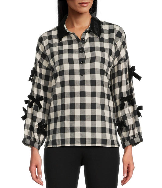 John Mark - Plaid Button Up Top With Velvet Collar