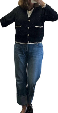 ee:some Whipstitch V Neck Sweater in black - women's sweater
