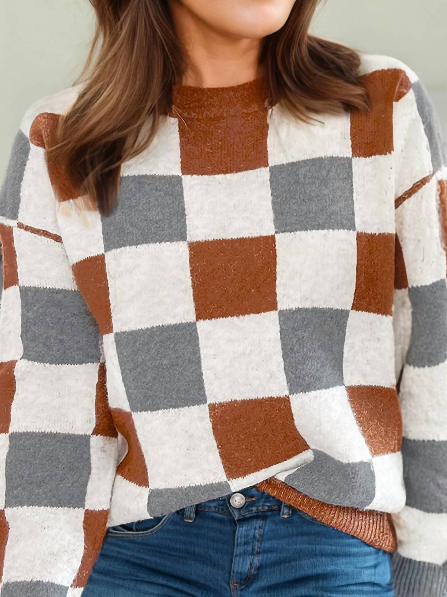 1 The Woman - Checkered Crewneck Sweater - Plus