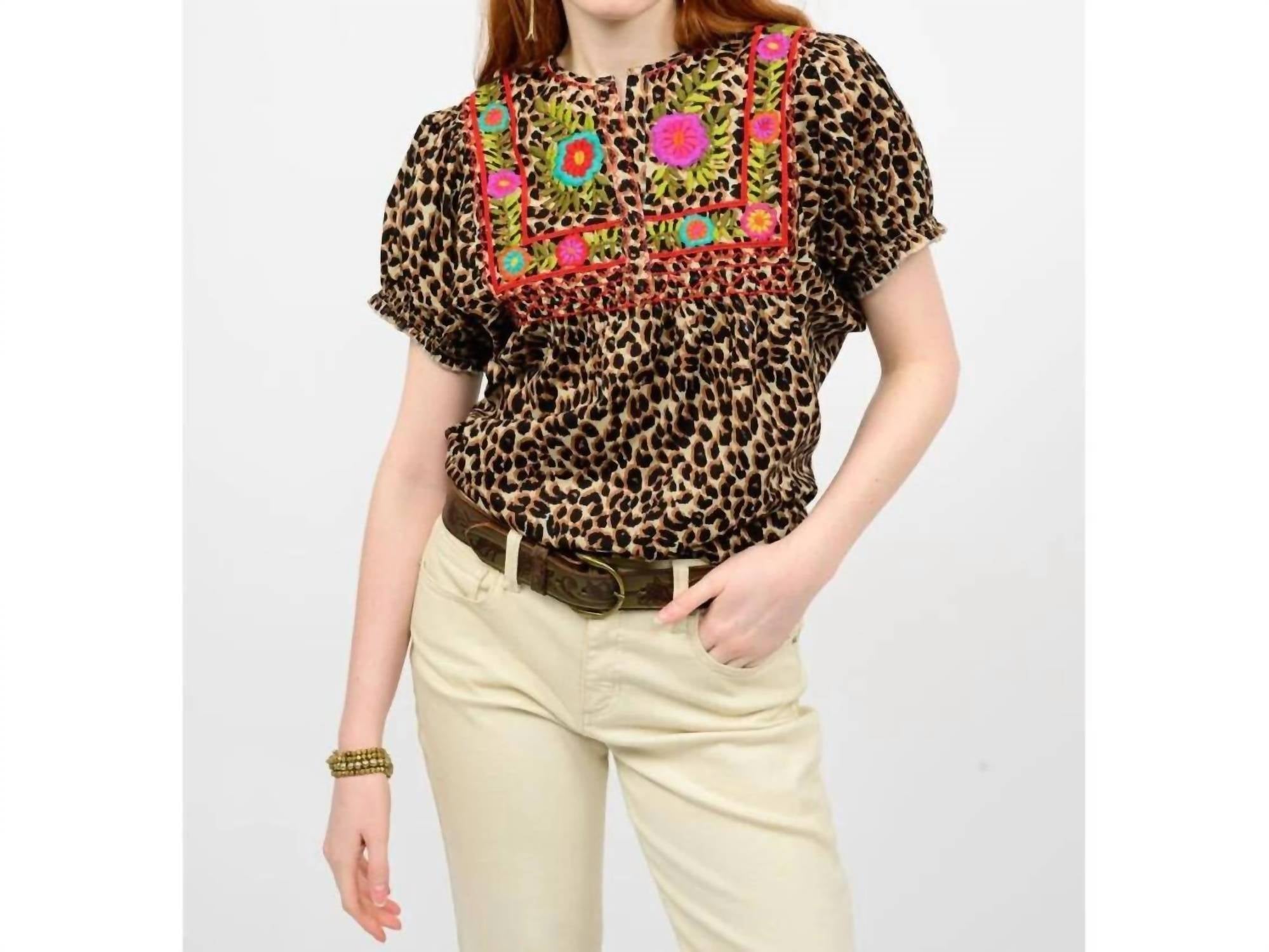Sister Mary Fabiola Embroidered Short Sleeve Top in leopard - women's t-shirt - alternate view