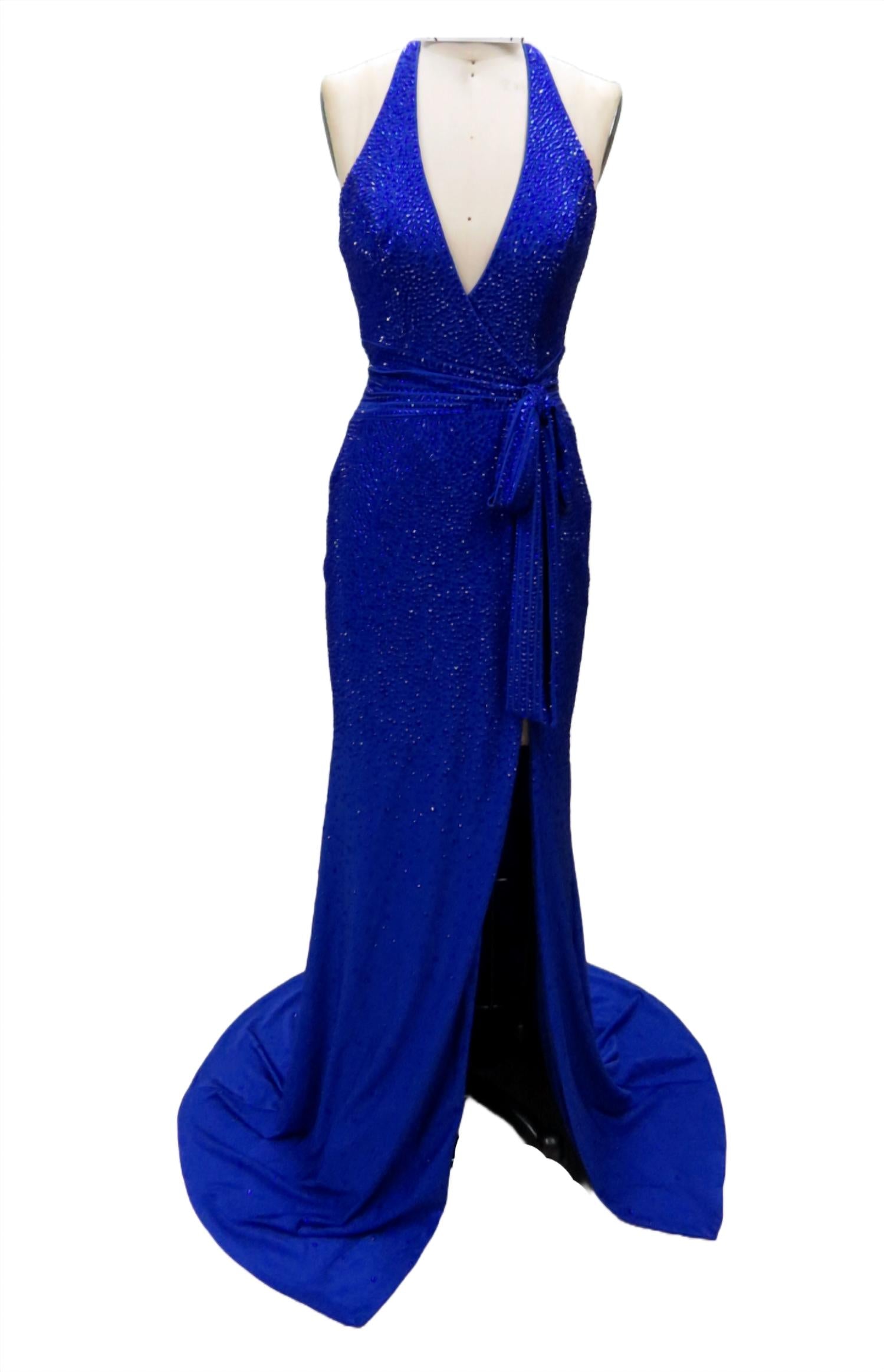 Ava Presley Women's Stretch Jersey Halter Long Gown in cobalt - women's dress