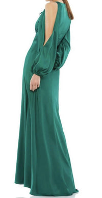 MAC DUGGAL Cold-shoulder Bishop Sleeve Keyhole Neck Dress in emerald - women's dress - detail view