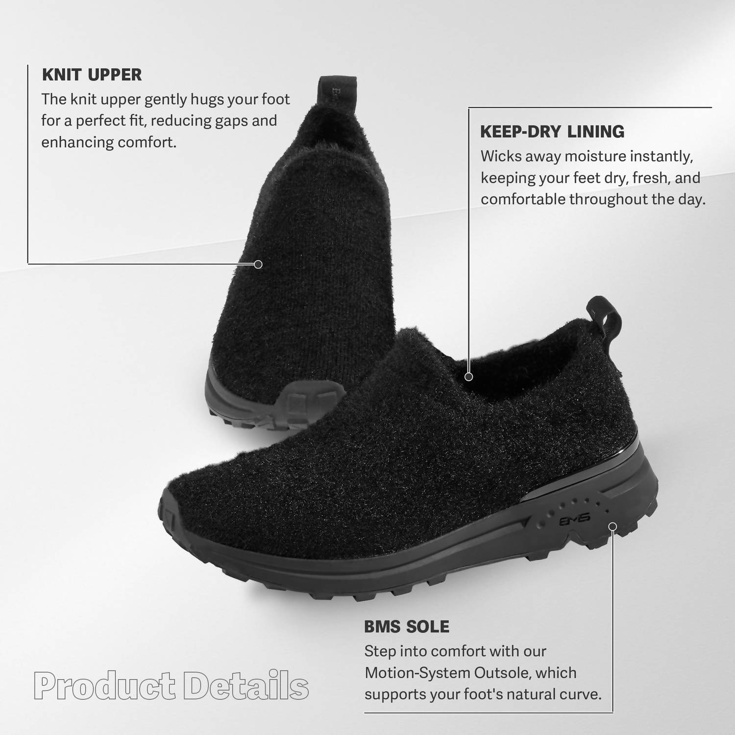 bussola Women's Bonny Slip-on Sneakers in black knit - women's sneaker - detail view
