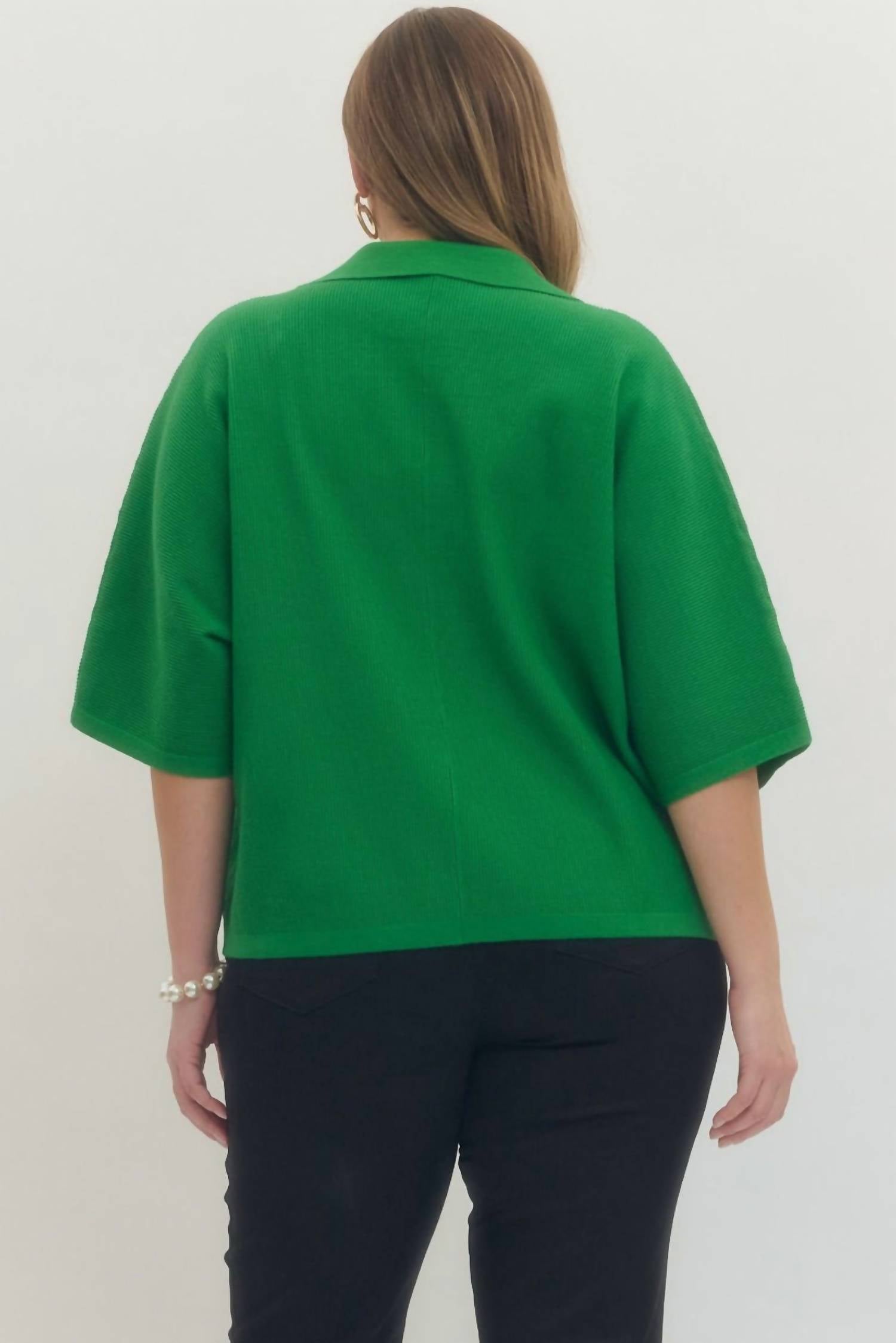 entro Solid V-neck Collared Top in green - women's blouse - view 4