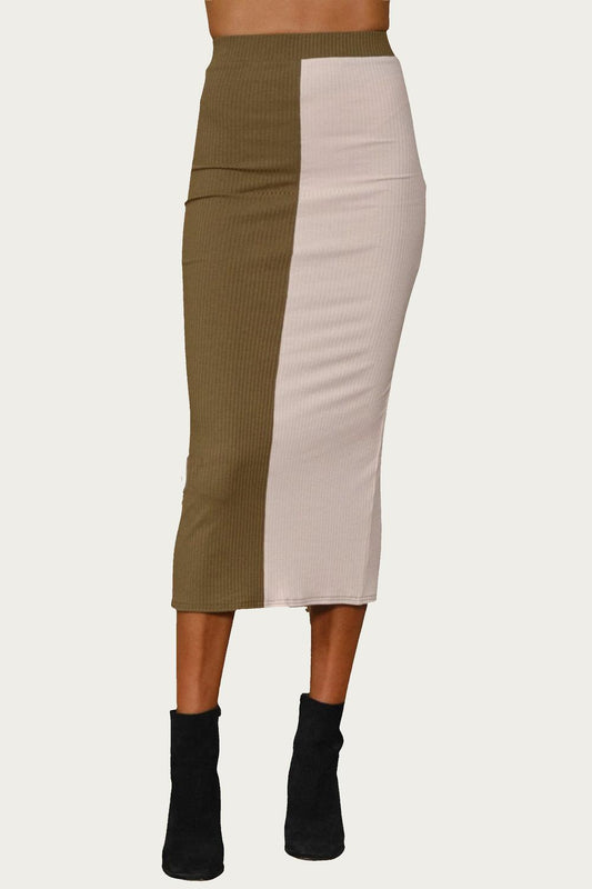 COLORBLOCKED RIBBED-KNIT MIDI SKIRT