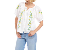Karen Kane Puff Sleeve Embroidered Peasant Top in off white - women's t-shirt - detail view