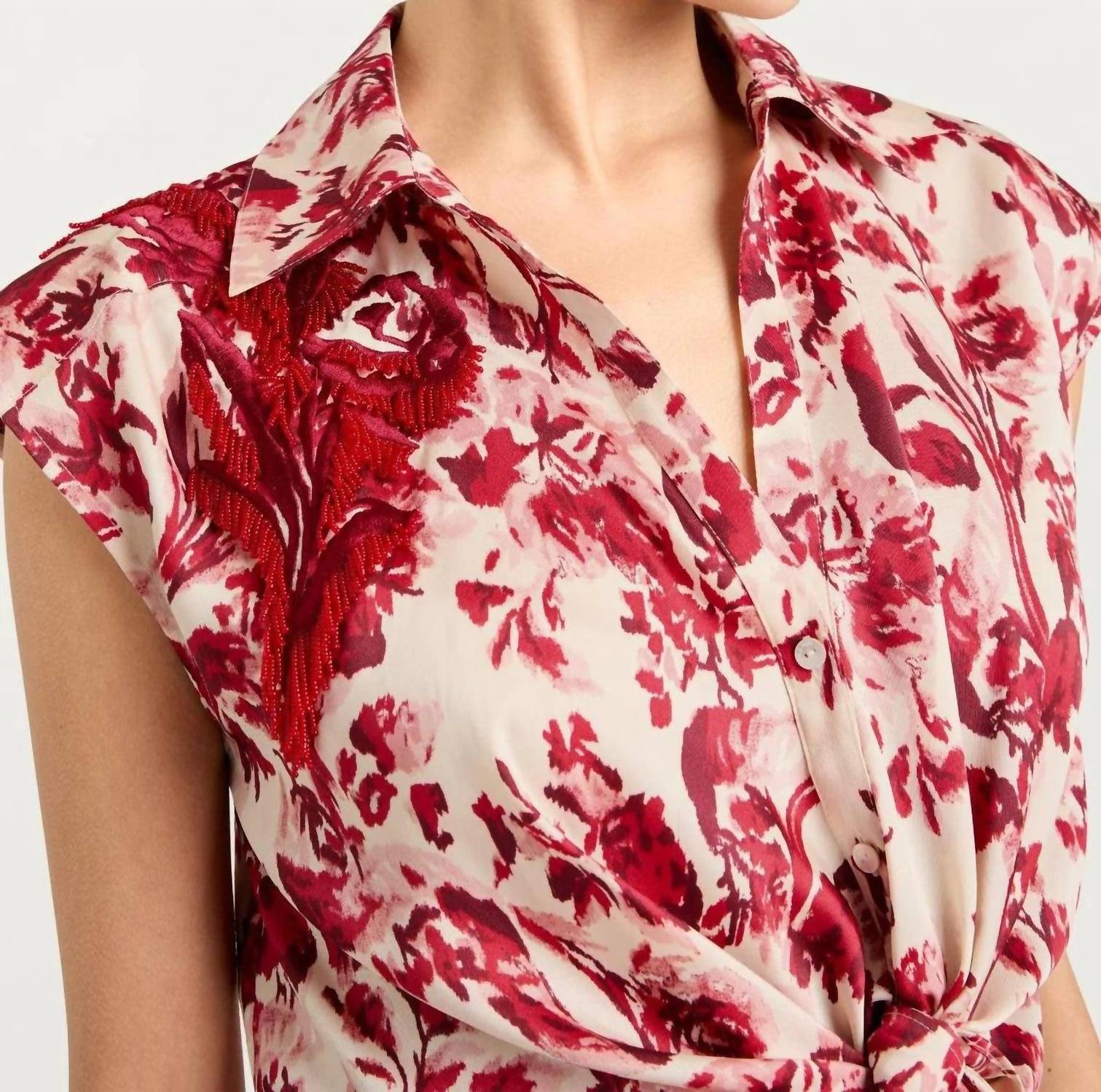 cinq a sept Women's Floral Ribbons Sleeveless Mari Top in cherry rose multi - women's shirt - alternate view