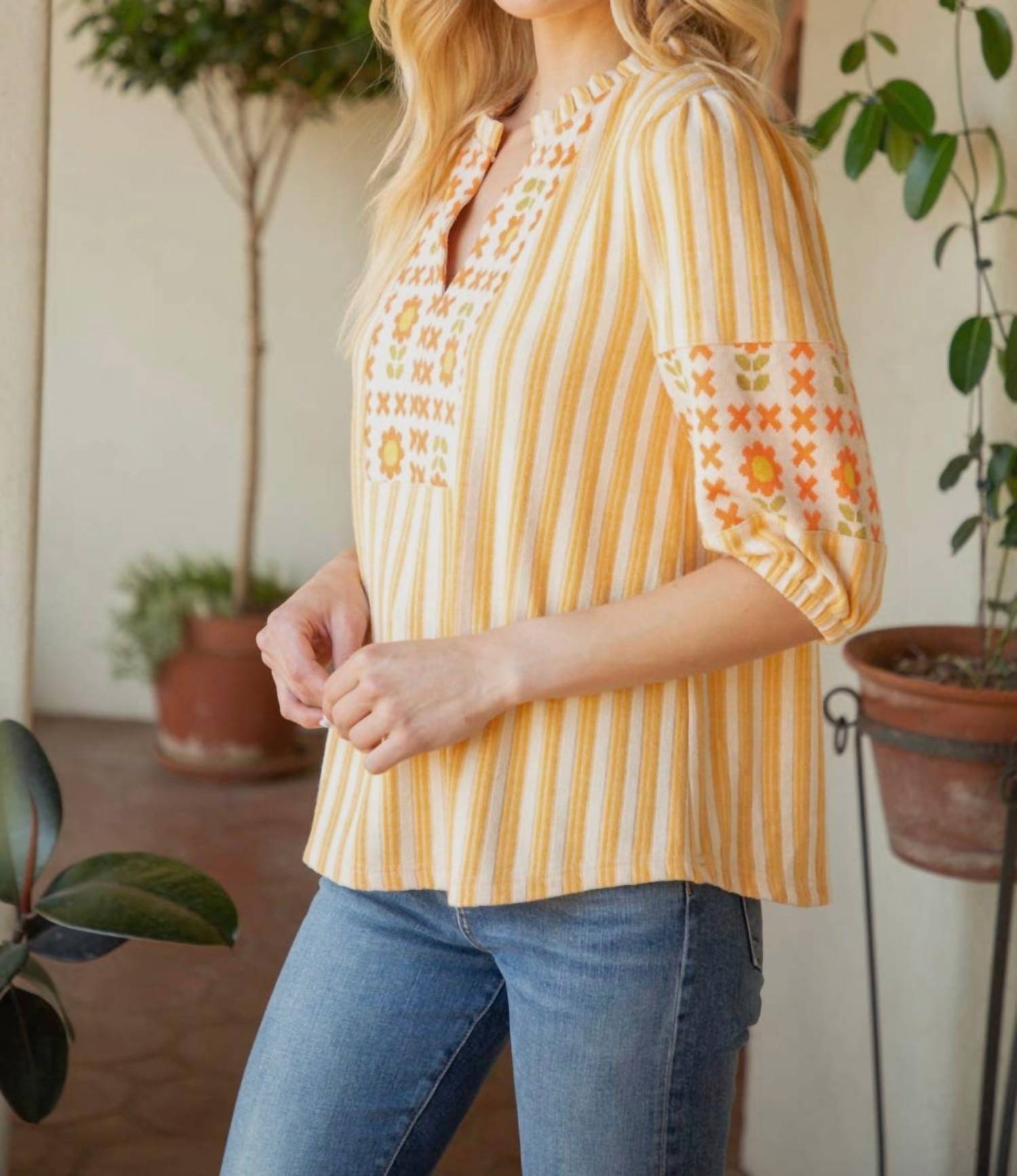 Voy - Stripe and Floral Pattern Mixed Knit Top