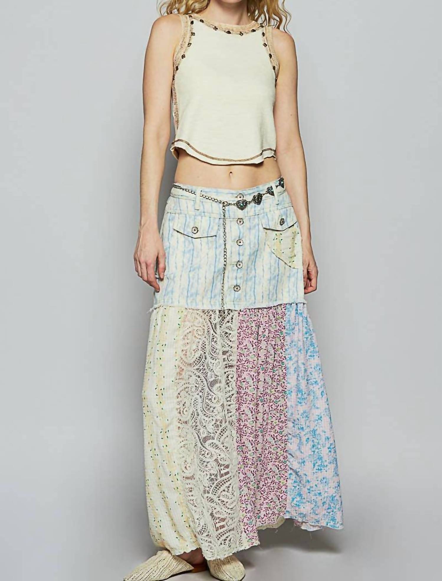 Pol - Woven floral print mixed skirt
