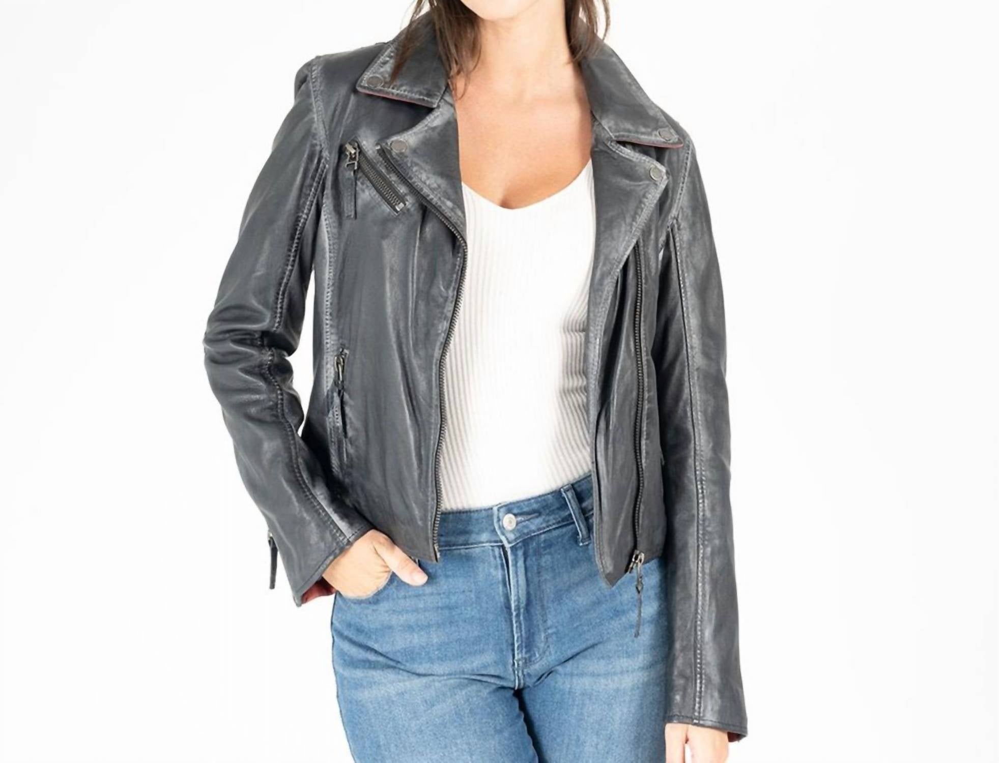 MAURITIUS Christy Star Detail Leather Jacket in vintage black - women's jacket