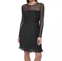 DKNY Jewel-neck Belted A-line Pleated Mesh Dress in black - women's dress