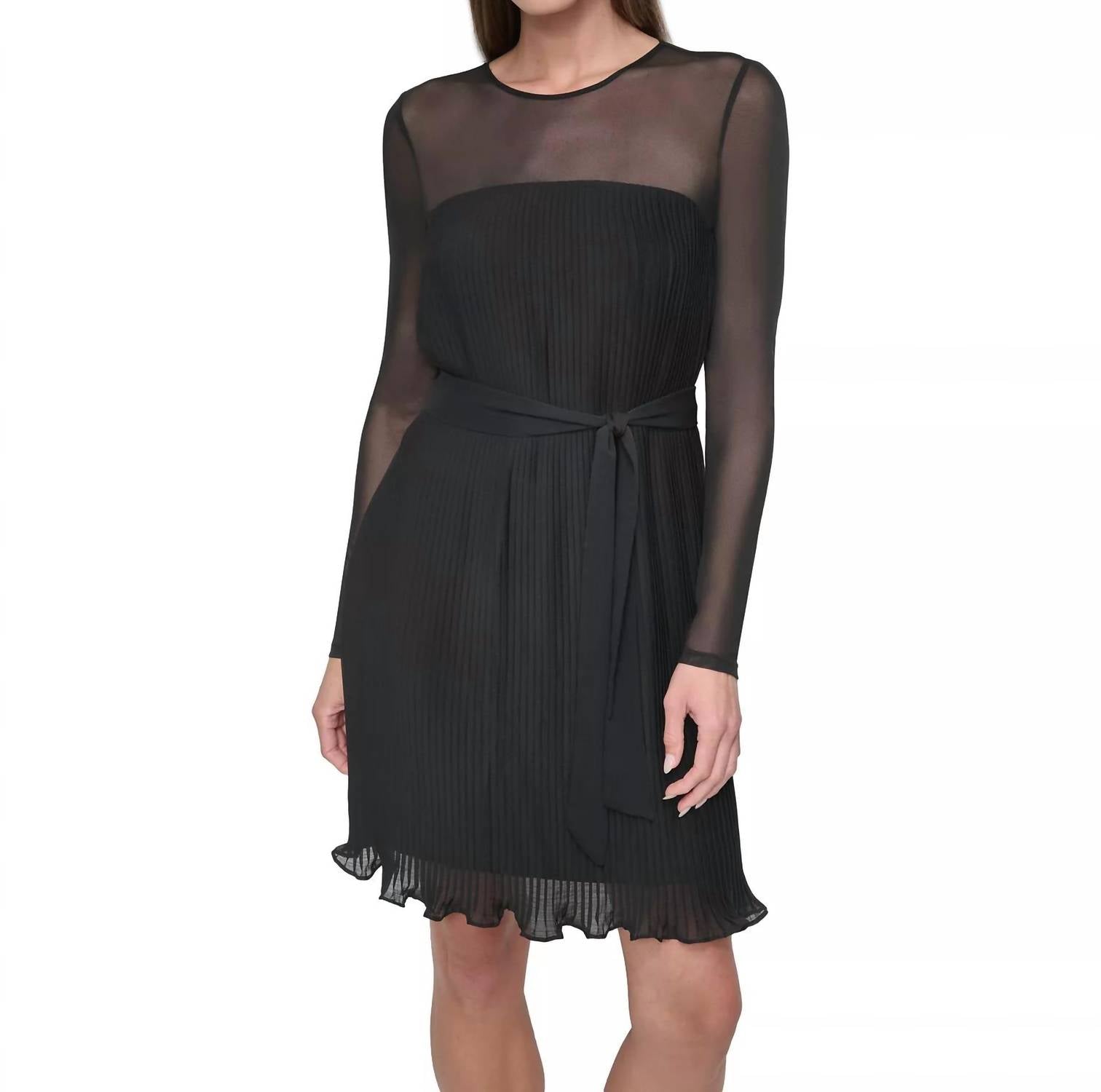 DKNY Jewel-neck Belted A-line Pleated Mesh Dress in black - women's dress