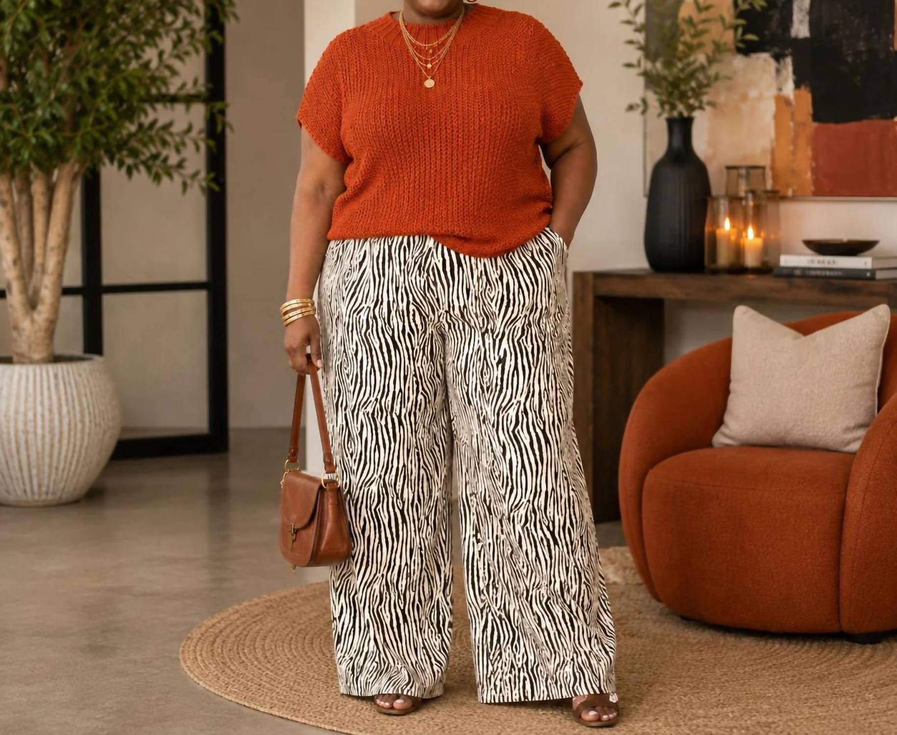 The Sang - Faux Leather Zebra Print Pants - Plus