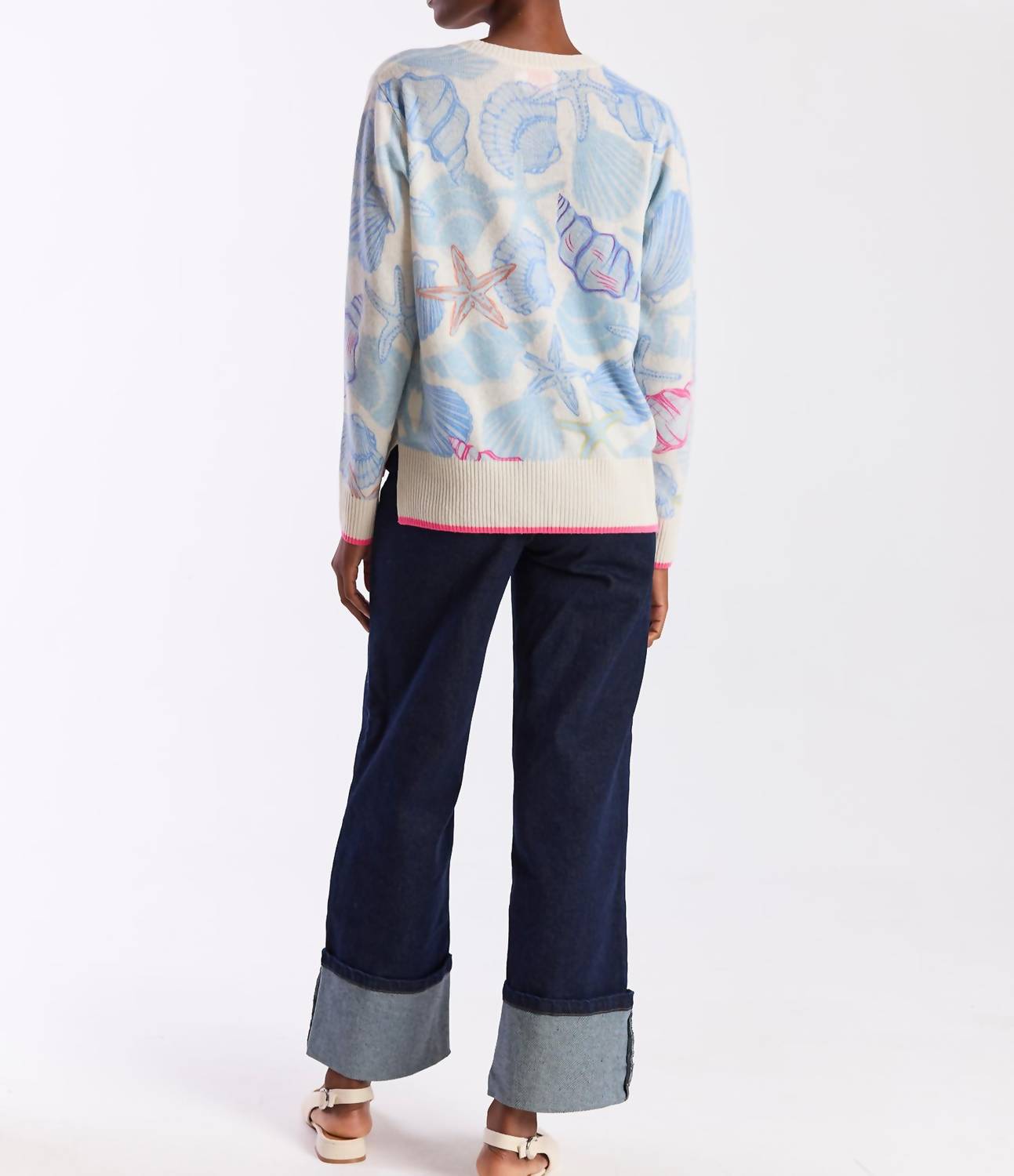 Brodie Cashmere Scatter Shell Cashmere Crew Jumper in organic white - women's sweater - detail view