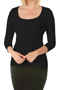 Tees By Tina - Three Quarter Sleeve Ruched Scoop Neck Top