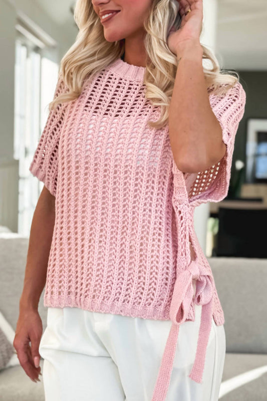 Shewin - Side Tie Crochet Knit Top