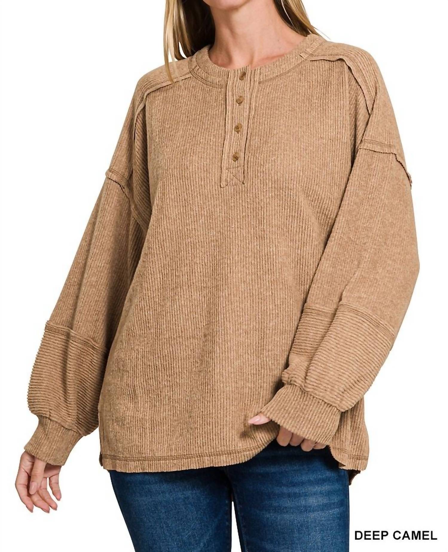 Zenana - The Sara Ribbed Henley Sweater