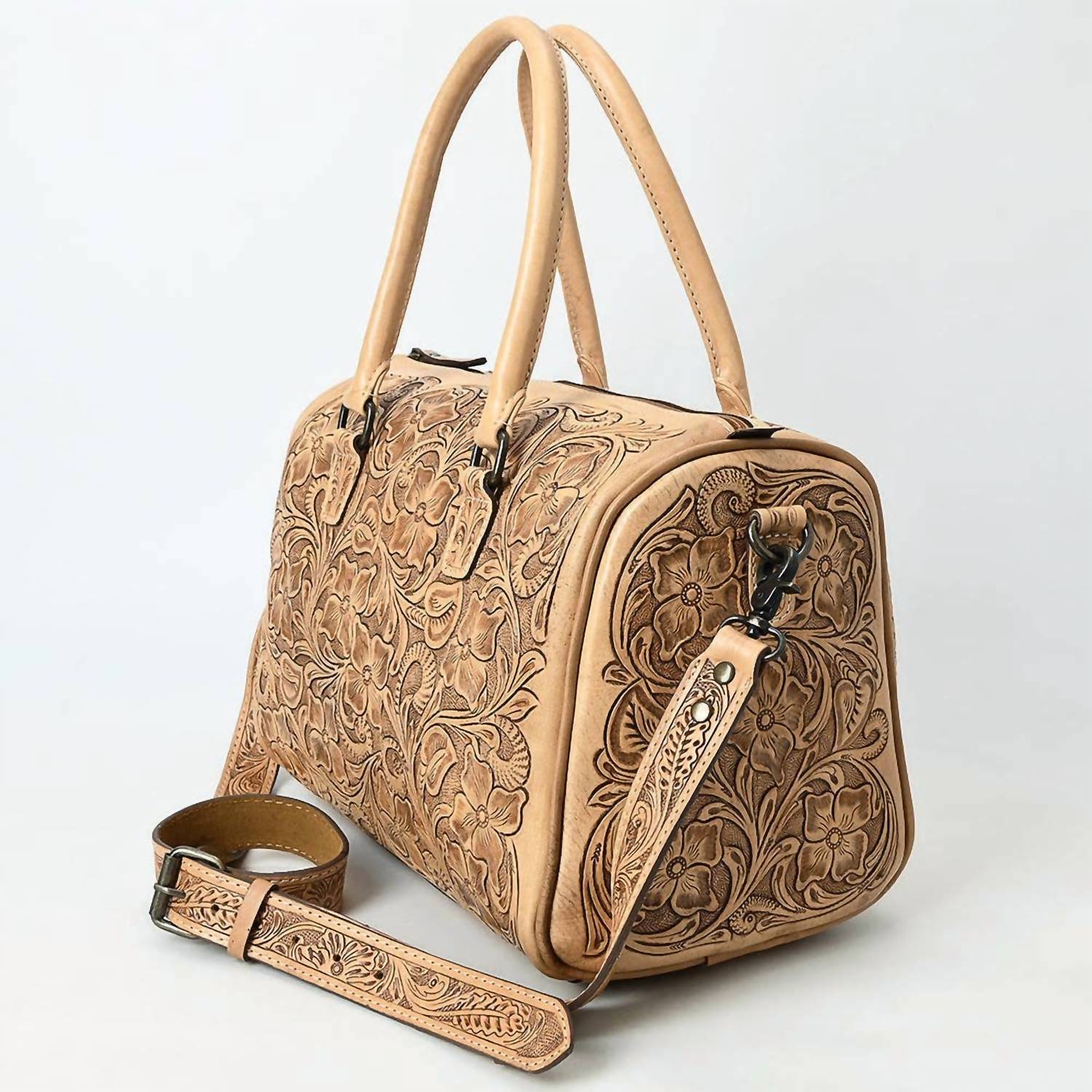 American Darling - Women's Hand-tooled Leather Duffel Bag With Floral Carving