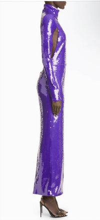 Laquan Smith - Sequin Mock Neck Long Sleeve Cutout Column Gown
