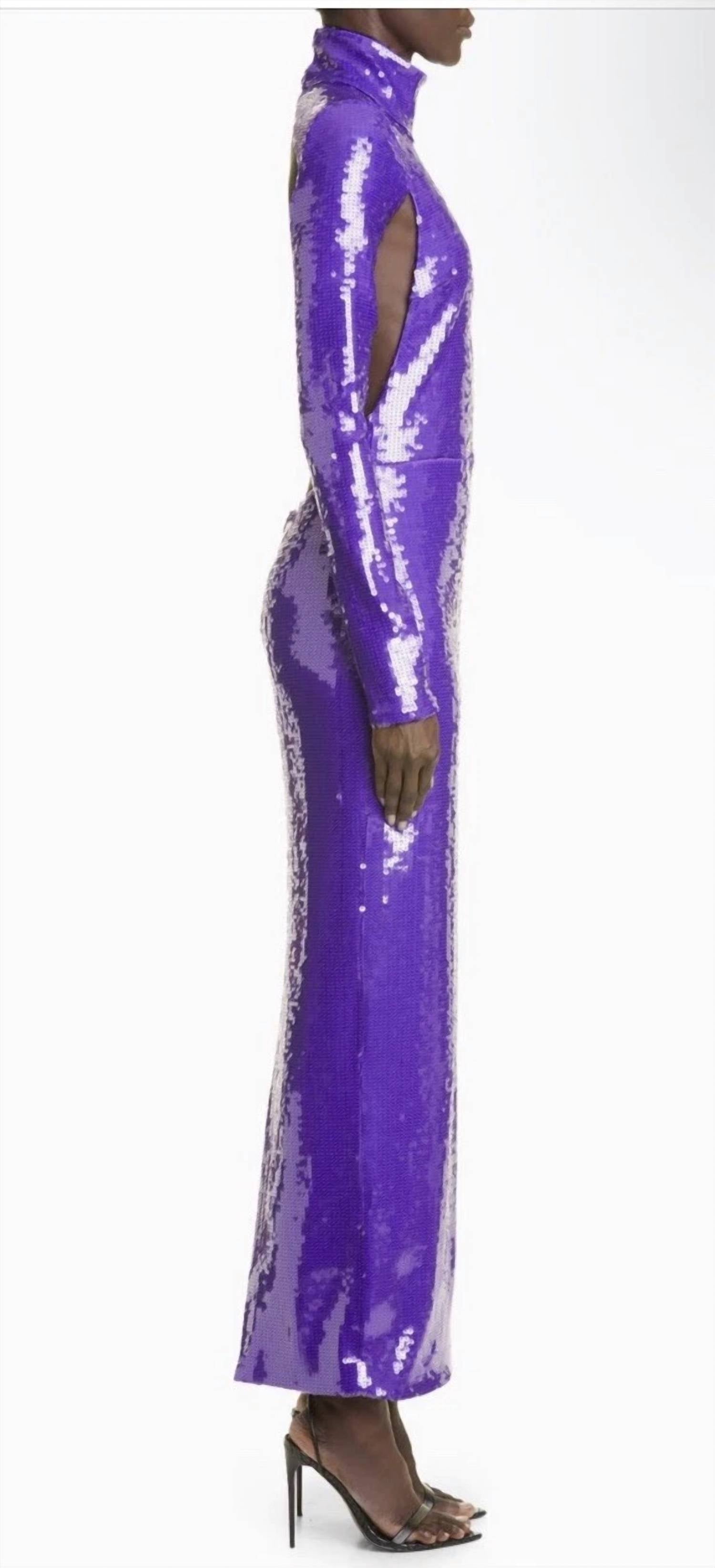 Laquan Smith - Sequin Mock Neck Long Sleeve Cutout Column Gown