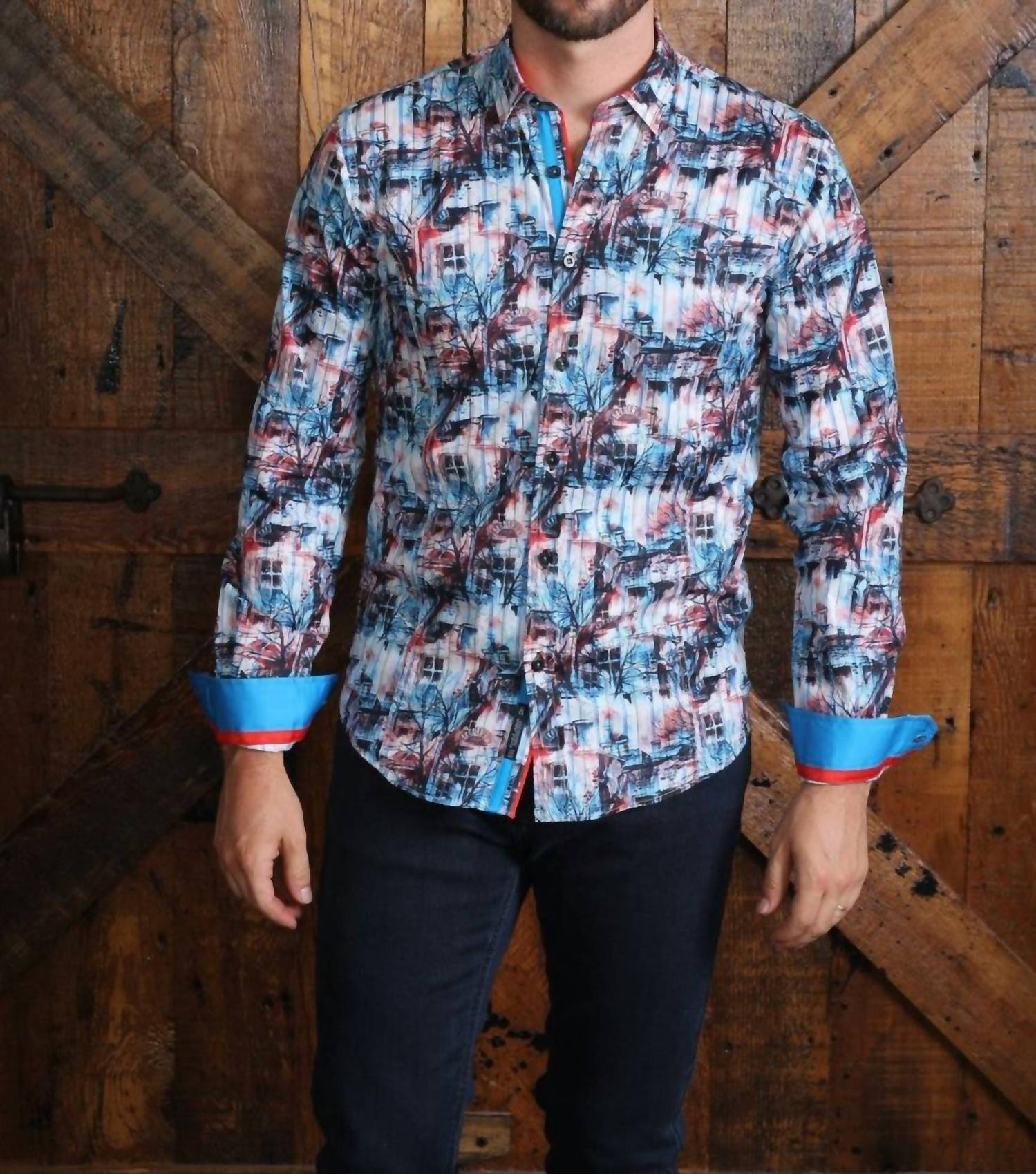 Eight X - Scenery Print Button Down Shirt With Trim