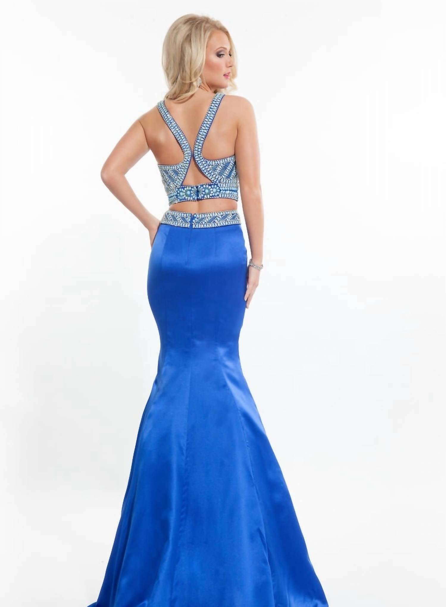 Rachel Allan - Matte Satin Two-piece Beaded Mermaid Prom Gown