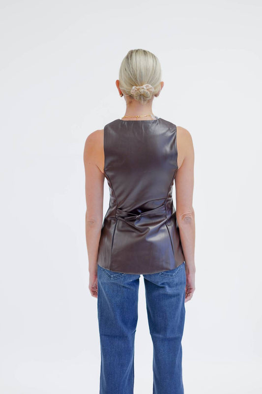 Olivaceous - Sleeveless Faux Leather Button Front Vest