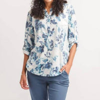 Papillon - Floral Knit Henley Neck Top With Tab Sleeves