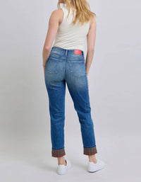 Judy Blue - Mid Rise Plaid Print Cuff Boyfriend Jeans