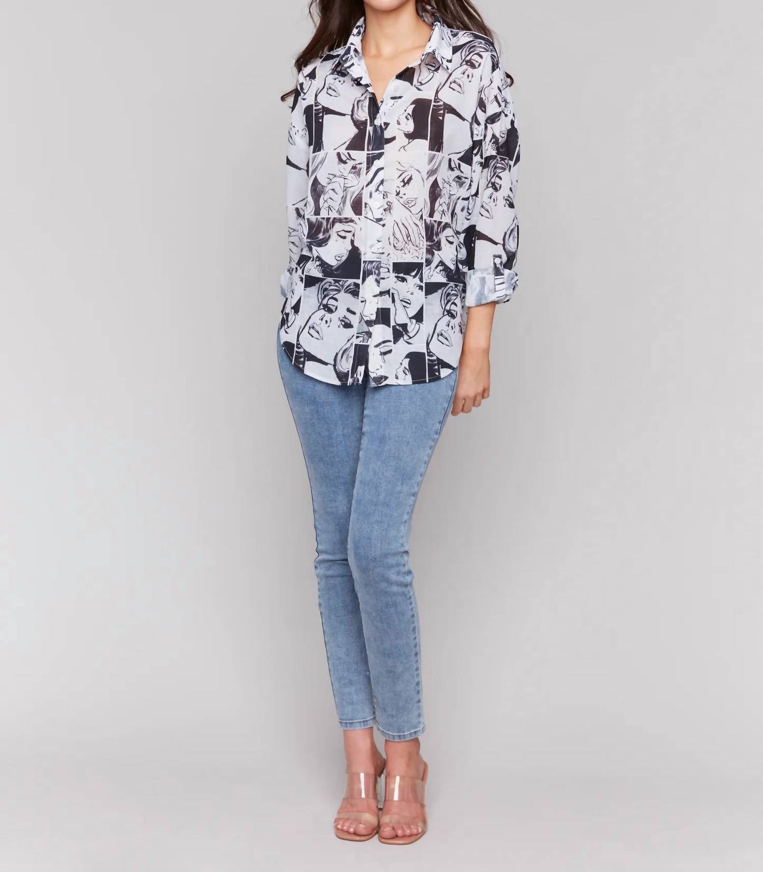 Charlie B - Print Long Sleeve Button Front Top