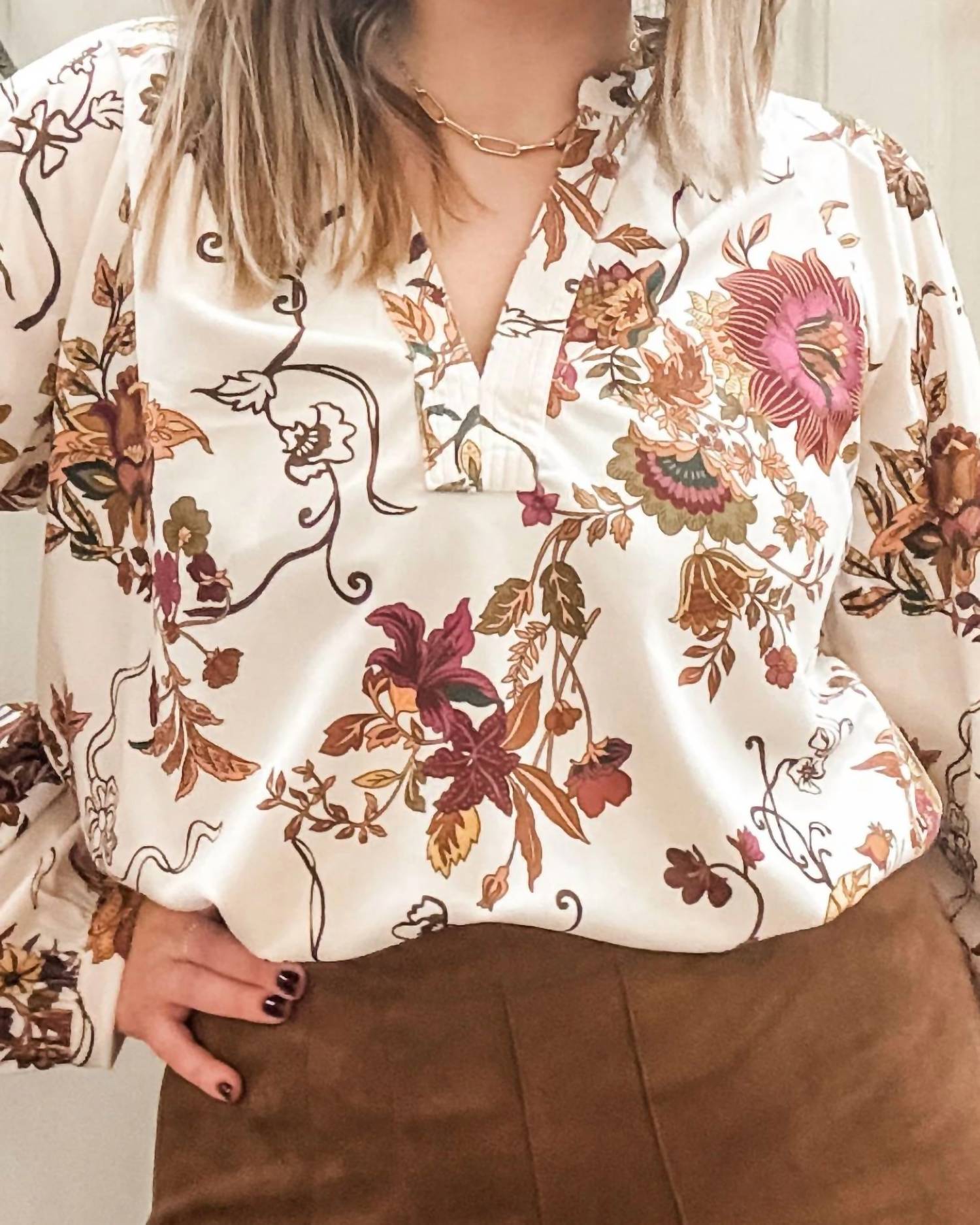 current air Floral V-Neck Long Sleeve Blouse in beige - women's blouse